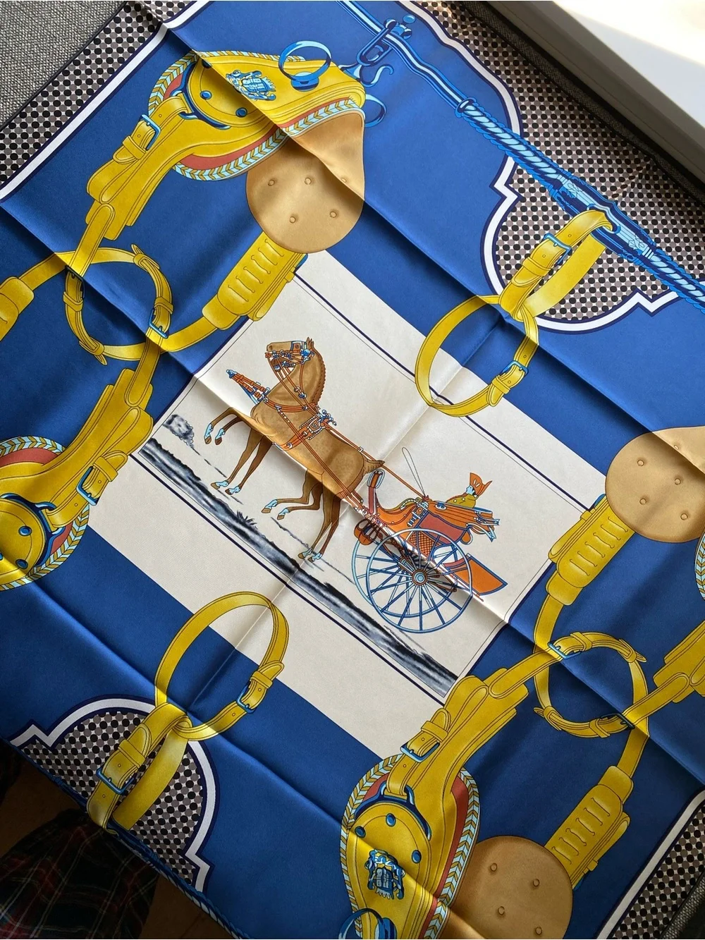 NEW Carolina Lemke Blue Print Silk Equestrian Motif Scarf